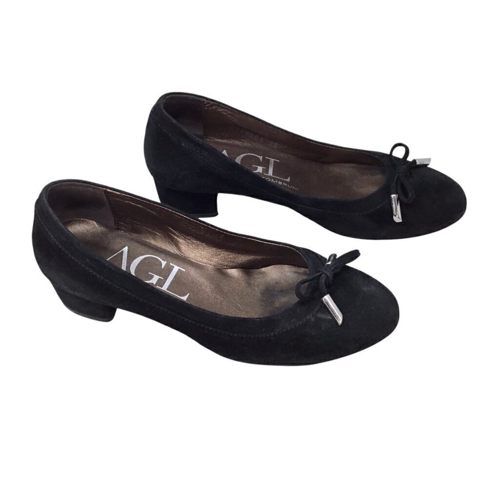 AGL Kristin Bow Tie Black Suede Leather Pumps Block Heel EU 35 US 5 Made Italy - Picture 2 of 14